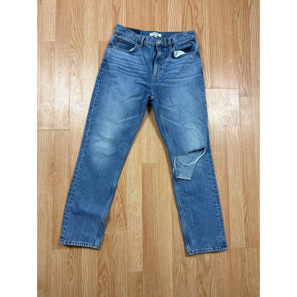 RE/DONE 70s Straight Jeans Blue Medium Wash Distressed Knee Size 28 High Rise